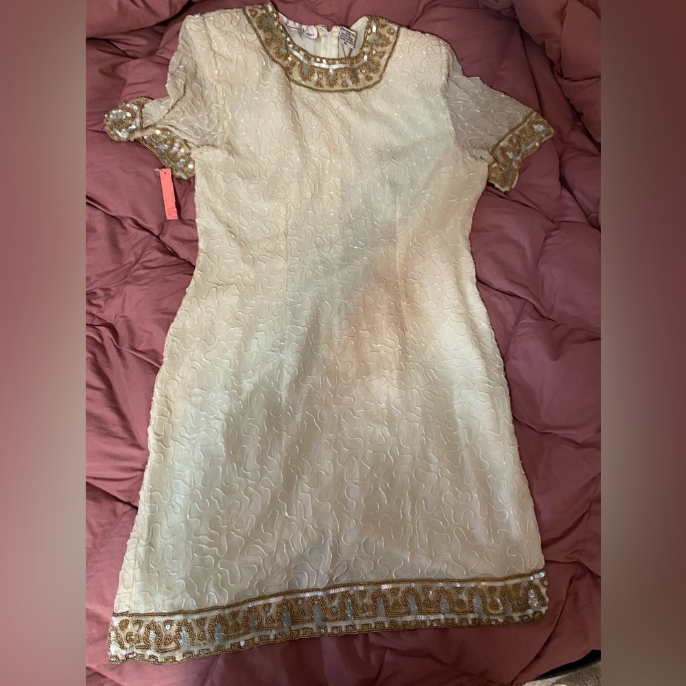 Beaded dress short sleeve low knee length Quality work ! Cream/Gold color Famcy